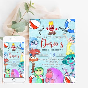 Inside out 2 birthday invitation Pool Party Inside out & Inside out Phone Invitation Customizable Canva Template