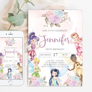 May include: A digital invitation for a fifth birthday party with a pink and white background. The invitation features a floral design with a variety of fairies. The text on the invitation reads "Join us to celebrate Jennifer Fifth Birthday! Saturday 17 June 2:00 PM - 6:00 PM 456 Summer Street Sacramento, CA 89025 RSVP to Mary 123 345 1234".