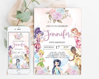 Fairy Birthday Invitation Party Invites Magical  Tinkerbell Enchanted Pixie Floral Garden Spring Princess