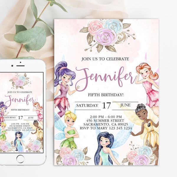 Fairy Birthday Invitation Party Invites Magical  Tinkerbell Enchanted Pixie Floral Garden Spring Princess