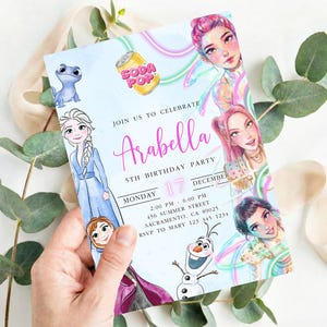 May include: A light blue birthday party invitation featuring illustrations of cartoon characters and the text "Arabella 5th Birthday Party". The invitation includes the date, time, and location.