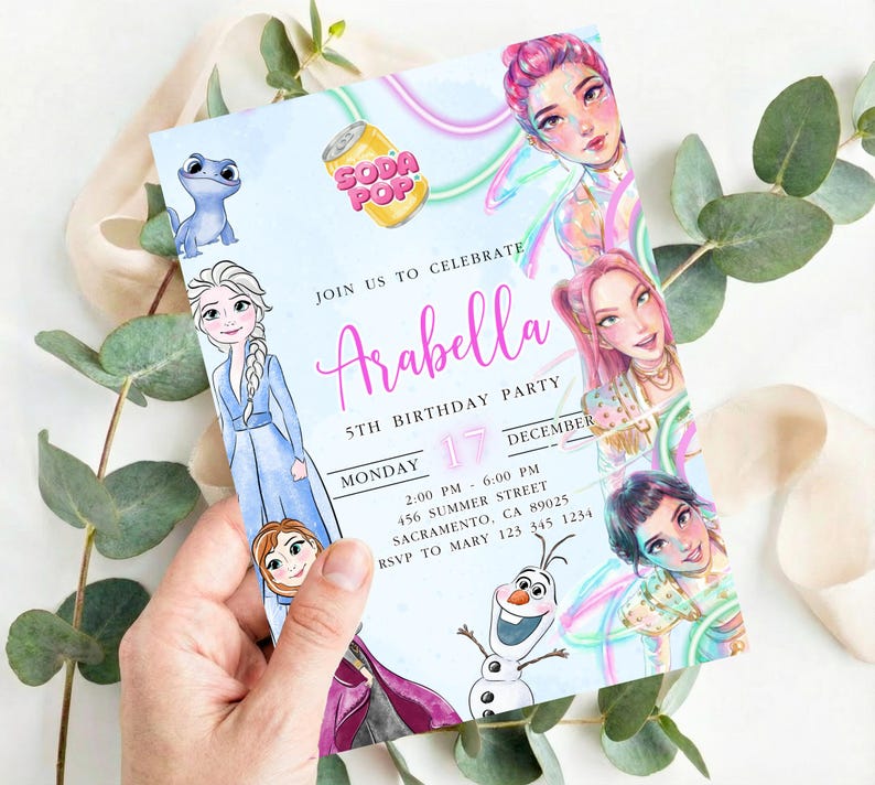 May include: A light blue birthday party invitation featuring illustrations of cartoon characters and the text "Arabella 5th Birthday Party". The invitation includes the date, time, and location.