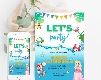 Pool Party Super Mario and Princess Peach Birthday Invitation | Digital Invite, mario bros invitation