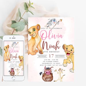 Invito per festa di compleanno doppio del Re Leone modificabile, modello di invito per compleanno di Simba Invito digitale con Simba Nala Pumbaa