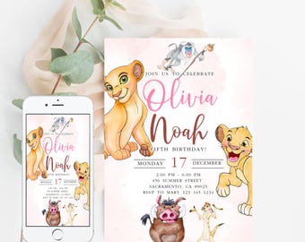 May include: A pink and white invitation with a watercolor background featuring characters from the Lion King movie. The invitation is for Olivia and Noah's fifth birthday party. The text on the invitation reads "Join us to celebrate Olivia Noah Fifth Birthday! Monday 17 December 2:00 PM - 6:00 PM 456 Summer Street Sacramento, CA 89025 RSVP to Mary 125 545 1234".