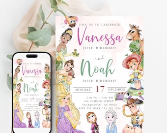 Convite de aniversário para casal inspirado na Pequena Princesa e em Toy Story - Modelo editável, personalizado, para download instantâneo, digital ou impresso.