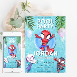 Spidey and His Amazing Friends Birthday Invitation Girl Boy Pool Party Editable Template Custom Instant Download