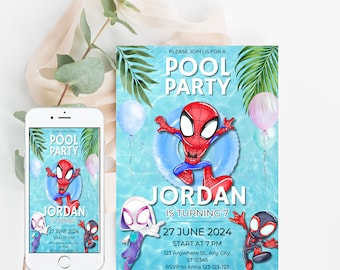 Spidey and His Amazing Friends Birthday Invitation Girl Boy Pool Party Editable Template Custom Instant Download