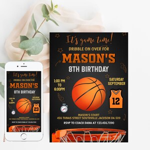 Plantilla de invitación para el primer cumpleaños de baloncesto imprimible, invitación de cumpleaños de baloncesto editable