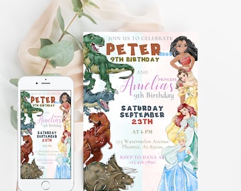 Pequeña princesa Jurásico cumpleaños parejas cumpleaños cumpleaños invitación niña plantilla editable descarga instantánea personalizada digital o impresa