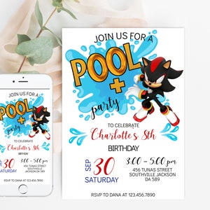 Pool Party Sonic Shadow Phone Birthday Invitation The Hedgehog Template, Pool Party Electronic Invitation, Electronic Invite, Phone Invite