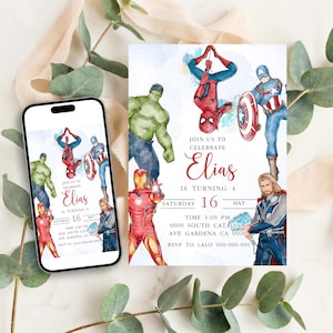 Avengers Birthday Invitation, Watercolor Superhero Party Invite, Spider-Man Captain America Iron Man Thor, Custom Digital Order image 4