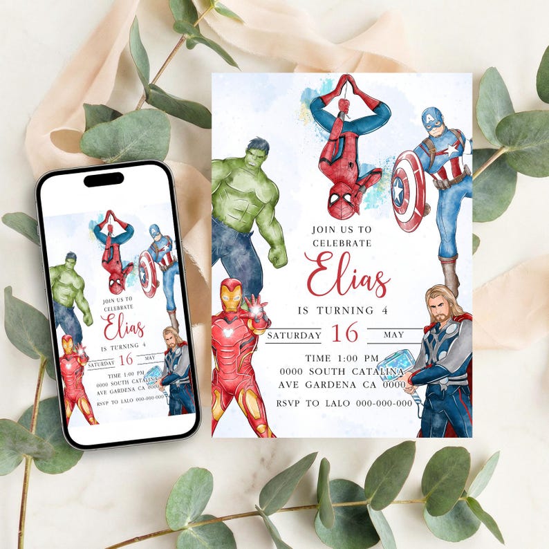 Avengers Birthday Invitation, Watercolor Superhero Party Invite, Spider-Man Captain America Iron Man Thor, Custom Digital Order image 4