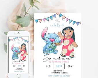 May include: A birthday invitation featuring a cartoon Stitch and Lilo from the Disney movie Lilo & Stitch. The invitation is decorated with colorful flags and the text "Let's Celebrate Jordan is turning three. Dec 30th 2PM 456 Summer St Sacramento, CA 89025 RSVP to Mary 123 345 1234"