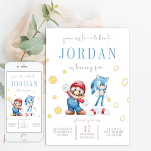 Cartões de convite de aniversário de Super Mario e Sonic Hedgehog