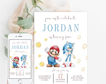 Super Mario och Sonic Hedgehog födelsedagsinbjudningskort