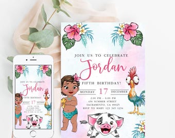 Baby Moana Birthday Invitation, Editable Digital Hawaiian Moana Birthday Invite, Kids Theme Party Invitation, Digital Baby Moana