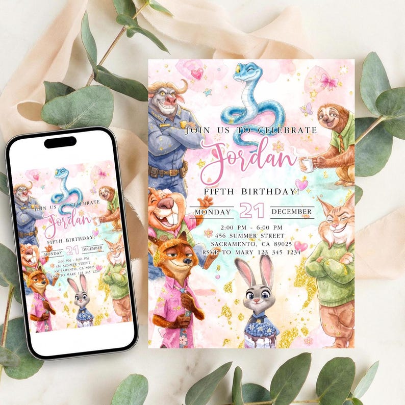May include: A birthday party invitation featuring cartoon characters, including a blue snake, a sloth, and a fox. The invitation is pink and gold with the text "Join us to celebrate Jordan, Fifth Birthday!" and event details.