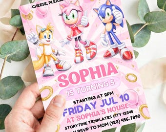 Sonic Amy Rose Birthday Digital Invitation, Kids Party E-invite, Thunder, Super Hedgehog Birthday Invites Cards for Girl