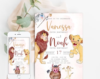 Editable Lion King Double Birthday Party Invitation, Simba Birthday Invitation Template Digital Invitation with Simba Nala Pumbaa
