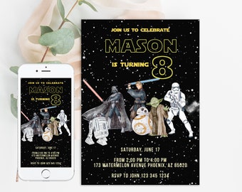 May include: Star Wars themed birthday invitation with a black background and gold stars. The invitation says "Join us to celebrate Mason is turning 8".  The invitation features illustrations of Darth Vader, Luke Skywalker, Yoda, R2-D2, and a Stormtrooper.