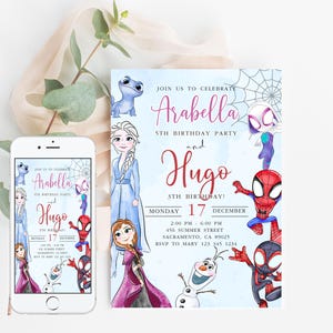 Invitación de cumpleaños de FROZEN y Spidey y sus increíbles amigos Invitación de cumpleaños de nieve de invierno Imprimible, Editable Descarga instantánea