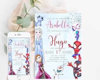 Frozen & Spidey Birthday Invitation: Winter Snow Theme (Editable, Digital Download)