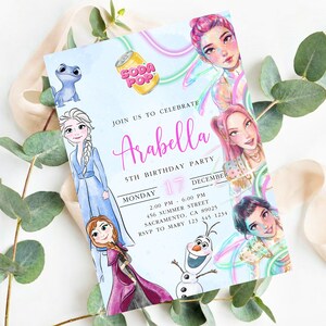 May include: A light blue birthday party invitation featuring illustrations of animated characters and the text "Arabella 5th Birthday Party". The invitation includes the date, time, and location details, with a soda pop can graphic.