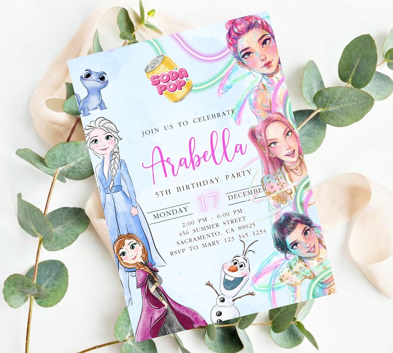 May include: A light blue birthday party invitation featuring illustrations of animated characters and the text "Arabella 5th Birthday Party". The invitation includes the date, time, and location details, with a soda pop can graphic.