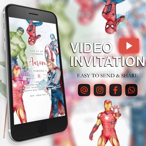 Modelo de convite de vídeo de aniversário de super-heróis editáveis para festa dos Vingadores evite convite para festa infantil modelo de convite para festa de aniversário