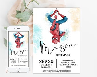 May include: A birthday invitation featuring a cartoon image of Spiderman hanging upside down against a blue and yellow watercolor background. The invitation says "Mason is turning 8!" with details for the party, including the date, time, and location.