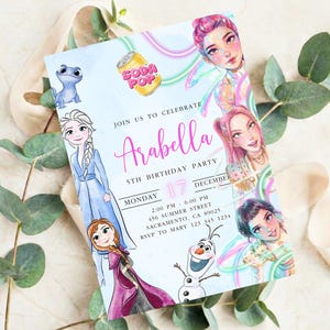 May include: A light blue birthday party invitation featuring illustrations of animated characters and the text "Join us to celebrate Arabella 5th Birthday Party". Includes date, time, and location details.