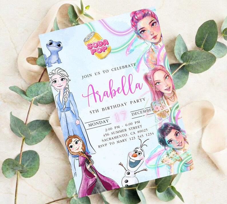 May include: A light blue birthday party invitation featuring illustrations of animated characters and the text "Join us to celebrate Arabella 5th Birthday Party". Includes date, time, and location details.