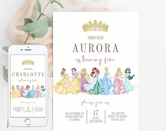 May include: A printable invitation for a princess-themed birthday party. The invitation features a gold crown, the text "Princess Aurora is turning five", and a line of Disney princesses in their iconic dresses. The invitation also includes the date, time, and location of the party.