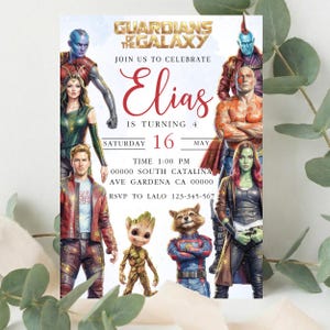 May include: A digitally illustrated invitation featuring characters from Guardians of the Galaxy. The invitation includes the text "Join us to celebrate Elias is turning 4" and event details. The design incorporates a vibrant color palette and character illustrations.