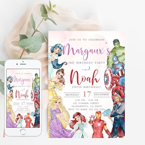 May include: A pink and white invitation with a watercolor illustration of Disney princesses and Marvel superheroes. The invitation is for Margaux's 3rd birthday party and Noah's 5th birthday party. The text on the invitation reads "Join us to celebrate Margaux's 3rd birthday party and Noah's 5th birthday! Monday, 17 December, 2:00 PM - 6:00 PM, 456 Summer Street, Sacramento, CA 89025, RSVP to Mary 125 345 1234."