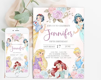 Lilla prinsessans födelsedagsinbjudan flicka redigerbar mall anpassad direktnedladdning digitalt eller tryckt
