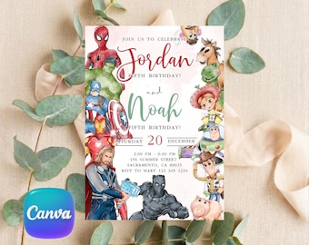 Toy Story and Avengers Joint Birthday Invitation, Superhero Editable Canva Template, Twin Boys Party Digital Download