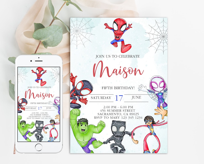 May include: A blue and white invitation with a spiderweb design. The invitation features a cartoon image of Spider-Man and other superheroes. The text on the invitation reads "Join us to celebrate Maison's Fifth Birthday! Saturday, June 17, 2:00 PM - 6:00 PM, 456 Summer Street, Sacramento, CA 89025, RSVP to Mary 123 345 1234."