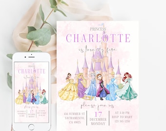 May include: A pink and purple invitation with a watercolor background featuring a castle and Disney princesses. The text reads "Princess Charlotte is turning five. Please join us. 456 Summer St, Sacramento, CA 89025. 17 December, Monday. At 3:30 PM. RSVP to Mary 123 345 1234."
