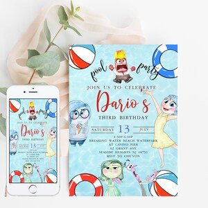 Inside out 2 birthday invitation Pool Party Inside out & Inside out Phone Invitation Customizable Canva Template