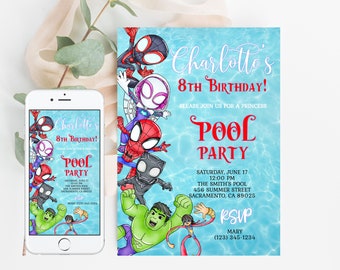 Może przedstawiać: Zaproszenie na przyjęcie urodzinowe z niebieskim tłem z efektem wody i ilustracjami superbohaterów. Zaproszenie brzmi "8. urodziny Charlotte! Pool Party" ze szczegółami wydarzenia i sekcją RSVP. Smartfon wyświetla ten sam projekt.