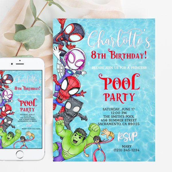 Spidey and His Amazing Friends Birthday Invitation Girl Boy Pool Party Editable Template Custom Instant Download