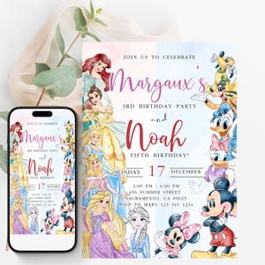 Puede incluir: Una invitación de cumpleaños con princesas y personajes de Disney, con los nombres de Margaux y Noah. La invitación incluye la fecha, la hora y el lugar, con un diseño de acuarela y un teléfono inteligente que muestra el mismo diseño.
