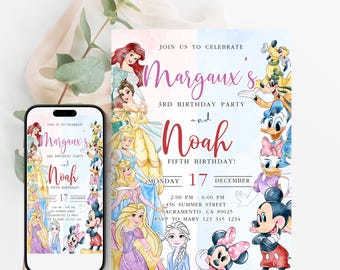 Invitación de cumpleaños para parejas de la princesita y Mickey Mouse, niña y niño, plantilla editable, descarga instantánea personalizada, digital o impresa