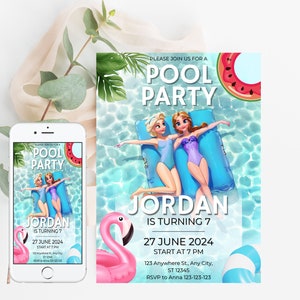 Convite para festa na piscina FROZEN Convite de aniversário Convite de aniversário de verão Imprimível, modelo de download instantâneo editável Convite Frozen