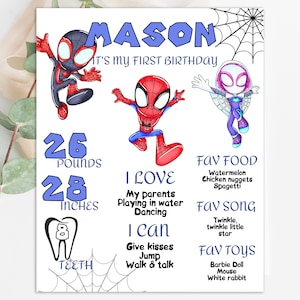 Spidey and Amazing Friends Erster Geburtstag Meilenstein Poster Vorlage Bearbeitbares Brett Partydekoration Kreidetafel Schild zum Ausdrucken