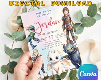 Dragon Birthday Invitation Template Canva, Editable How to Train Your Dragon Birthday Invite, Toothless Light Fury Party Evite