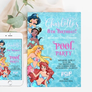 Petite sirène jasmin, Gabi, Ariel princesse anniversaire Invitation fille modèle modifiable sous la mer fête personnalisée téléchargement immédiat