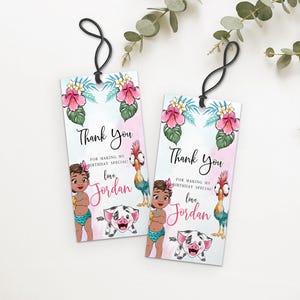 Etiqueta de lembrancinha de aniversário Baby Moana, etiqueta de agradecimento com tema Baby Moana personalizável, convite Baby Moana, etiqueta de presente Moana, Canva editável